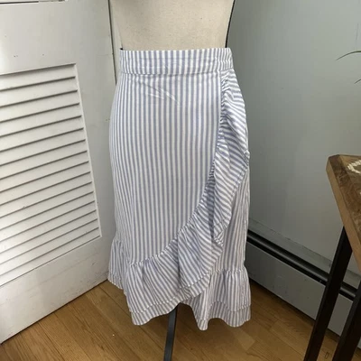 GAP Womens Skirt 10 Blue Striped Faux Wrap Ruffle Midi Summer Preppy Coastal - Image 1 of 4