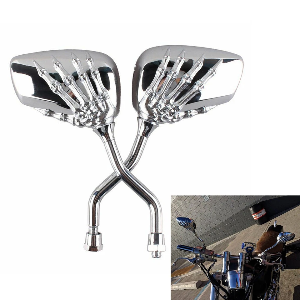 1 Pair of  Motorcycle Rearview Mirrors Skeleton Skull Hand Claw 8mm Thread Foto 1 de 4