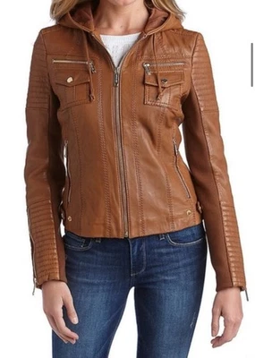 Chaqueta de moto Michael Kors de cuero marrón para mujer talla XL Foto 1 de 4