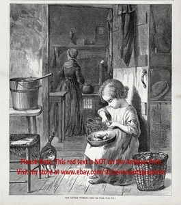 Cook Little Girl Chef Peeling Potatoes CAT, Big 1860s Antique Print & Article - Picture 1 of 5