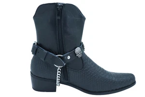 Biker Herren Westernstiefel Silber Paar Schwarz Kunstleder 2 Stck. Riemen Totenkopf Anhänger - Bild 1 von 24
