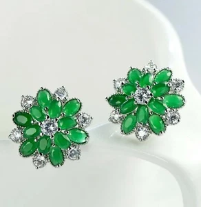 B🦚 Blumenschmuck grüne Jade weißer Feuertopas Edelsteine Silber Ohrclips - Bild 1 von 3