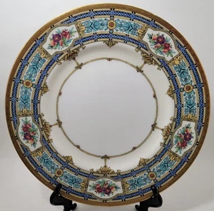Minton H3864/7 Gold Floral Aqua Scroll Enamel Ovington Bros Dinner Plates Set 8 - Picture 1 of 3