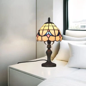 Tiffany Bedside Table Light Beige Stained Glass Night Lamp with Plug Cord 1 Lamp - Picture 1 of 14
