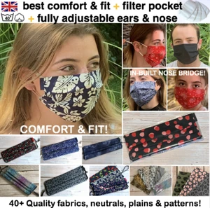 Face Mask REUSABLE ADJUSTABLE WASHABLE +NOSE STRIP=COMFORT+FIT+FILTER POCKET! - Picture 1 of 116