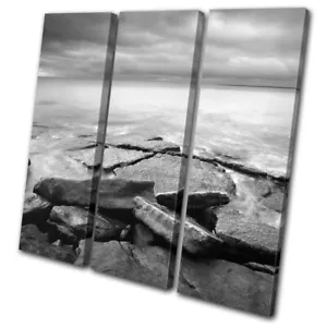 Rock Island Black & White Sunset Seascape TREBLE CANVAS WALL ART Picture Print - Picture 1 of 1