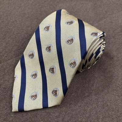 "Corbata ecuestre Brooks Brothers dorada azul marino a rayas seda EE. UU. 60"" X 3,75""" Foto 1 de 4