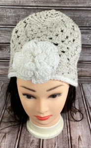Handmade Beige White Women Flower Soft Crocheted Beanie Hat USA NEW - Picture 1 of 8