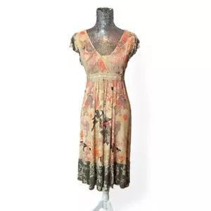 Bila Boho Floral Lace Trim Babydoll Midi Dress Women Medium Festival Artsy Flowy - Picture 1 of 6