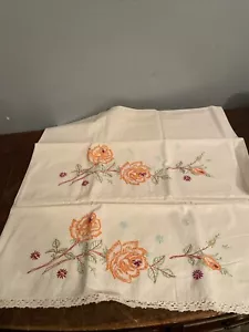 Vintage Kissenbezug Set handbestickt gehäkelt orange Rose Blume - Bild 1 von 6