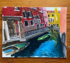 Stadtbild Kanal Gebäude Boote Wand zeitgenössisch Außenseiter Kunst Leinwand Gemälde - Bild 1 von 4
