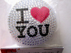 RHINESTONE SILVER I LOVE YOU 3" DESIGN 2-SIDED COMPACT PURSE MIRROR PACKAGED NEW