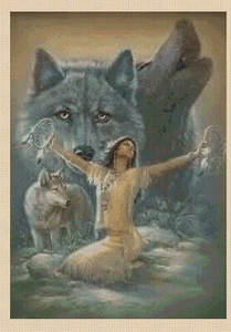 Gráfico de punto de cruz contado de niña nativa americana con lobos No. 3-140 - Imagen 1 de 1
