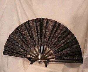 LARGE HAND FAN FOR FESTIVALS -BLACK GLITTER SPARKLE - Picture 1 of 3