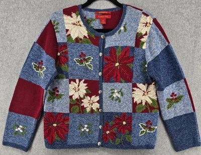 Cárdigan de Navidad de Colección Talla M Islas del Norte Poinsettia Patchwork Botón Azul Y2K Foto 1 de 4
