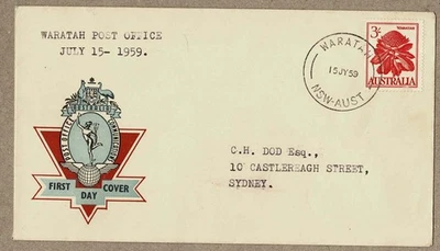 Australia 1959 APO Hermes 3/- Waratah Flower FDC Cover cd Waratah NSW - image 1 of 2