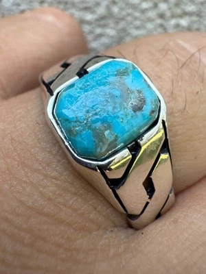 Anel masculino de prata esterlina 925 sólido pedra preciosa azul turquesa real - Imagem 1 de 4