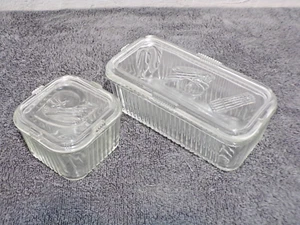 Federal Clear Glass Ribbed Refrigerator Clear Dishes w/ Lids Vegetable Set Of 2 - Picture 1 of 6