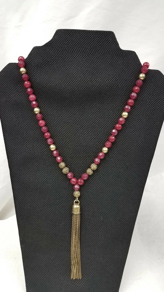 Lucky Brand Semi Precious Stone Tassel Necklace Ruby Red Agate Beaded Goldtone 8 - Image 1 of 4