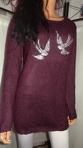 Gina leichter Pullover Bordeauxrot Strick Glitzer Schwalben kuschelig Gr 36 - Bild 1 von 8