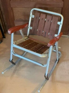 Vintage Redwood Slat & Aluminum Lawn Chair Rocker Folding Rocking CHILD size - Picture 1 of 11