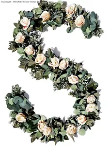 6 Pack Artificial Eucalyptus Garland with 17 Ivory Cream Roses - Wedding Floral - Picture 1 of 7
