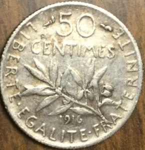 1916 FRANCE SILVER 50 CENTIMES COIN - Picture 1 of 2
