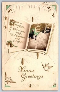 Christmas~Snowy Home on Book Page~Birds in Flight~Pine Cone~Airbrushed Embossed - Picture 1 of 2