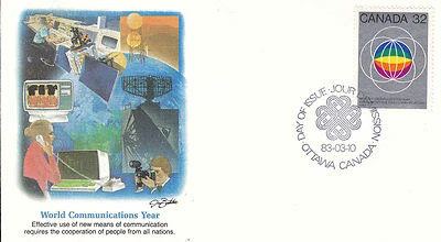 Canada FDC Sc # 976 World Communications Year with Fleetwood cachet- WW 7303 - Image 1 of 2