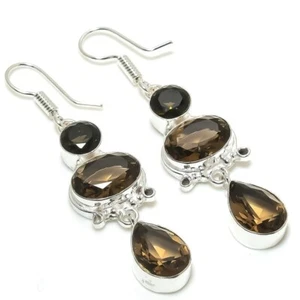 Smoky Quartz Gemstone Handmade 925 Sterling Silver Jewelry Earring Size 2.75" - Picture 1 of 1