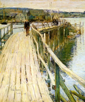 ESCENA DE MUELLE GLOUCESTER 1894 BARCO ASTILLERO ARTE MARINO PINTURA POR CHILDE HASSAM REPRO Foto 1 de 3