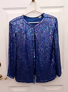 Vintage Purple Blue Iridescent 100% pure silk beaded sequin blazer jacket size M - Picture 1 of 7