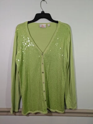 Cárdigan Quacker Factory Top Camisa Mujer XL Verde Lima Lentejuelas Manga Larga Foto 1 de 3
