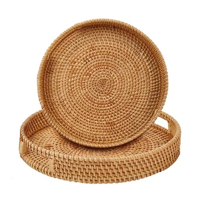 Round Rattan Serving Tray with Handles,2 Hand Woven Basket, Home Decor Organi... - Image 1 of 4