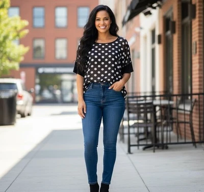 New Directions Women's Large Short Sleeve Blouse Black White Polka Dot Semisheer - Image 1 of 4