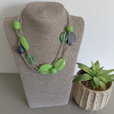 Multi Strand Beaded Necklace Lime Green Acrylic Beads Clear Glass Jewellery  - Image 1 of 4