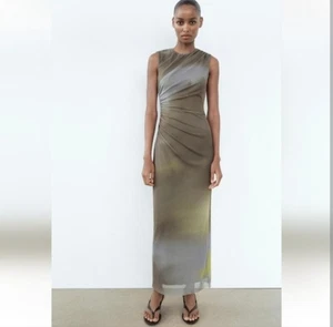 Vestido Zara Drapeado Verde Tanque Malla Midi Talla Pequeña Terroso Ajustado Fiesta - Imagen 1 de 10