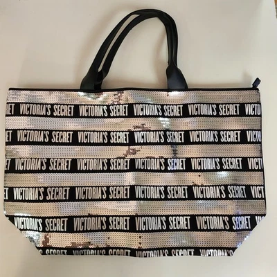 Victoria’s Secret Sequin Bling Tote Bag Weekender Silver Black  - Image 1 of 4