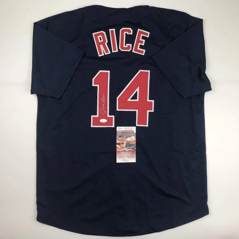 Camiseta deportiva de béisbol azul autografiada/firmada de Jim Rice Boston certificado de autenticidad JSA automática Foto 1 de 4