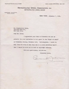 EDWARD JOHNSON opera tenor typed letter signed as MET General Manager, 1939 - Picture 1 of 1