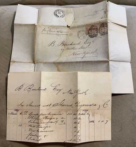 1877 BRITAIN FOLDED LETTER AND INVOICE SENT VIA CHINA STEAMER CUNARD TO NEW YORK Cover