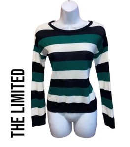 THE LIMITED Open Weave Knit Striped Green White Black Sweater - Women’s Small - Picture 1 of 12