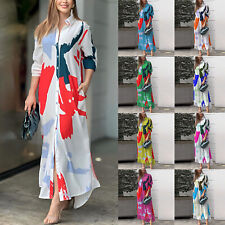 Ladies Long Sleeve Floral Maxi Shirts Dress Summer Buttons Pockets Sundress 8-22
