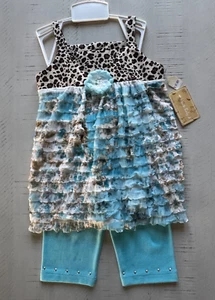 New $65 Haute Baby Girls 2-Piece Leopard Aqua Floral Ruffle Tunic & Pants Set 4T - Picture 1 of 2