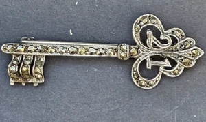 Vintage Handmade Silver Marcasite Brooch Key Shape 21 Anniversary Theme 40 mm - Picture 1 of 9