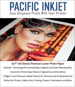 Pacific Inkjet 5x7 Luster Inkjet Photo Paper 100-sheets for Epson/HP/Canon 11mil - Picture 1 of 12
