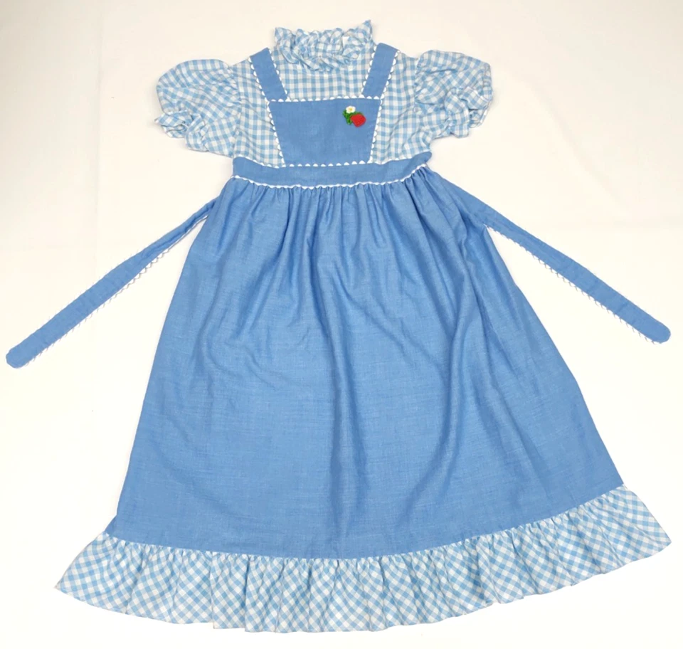 Vtg Cinderella Stop The Press Girls SZ 5 Blue Plaid Apron Dress W/Strawberry - Image 1 of 4