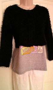 Heart Moon Star, Black Fuzzy LS Crop Cardigan, Open Front, Single Button, S, EUC - Picture 1 of 8