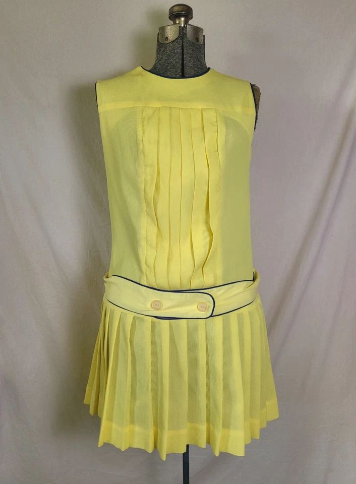 Vestido Vintage Años 60 Cintura Caída Amarillo Mantequilla Marinero Cinturón Plisado Falda Mod M/L Foto 1 de 4