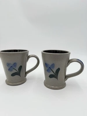 Rowe Pottery Works Salt Glazed Blue Flower Mug Coffee / Tea Cup - 2001 Vintage - Image 1 of 4
